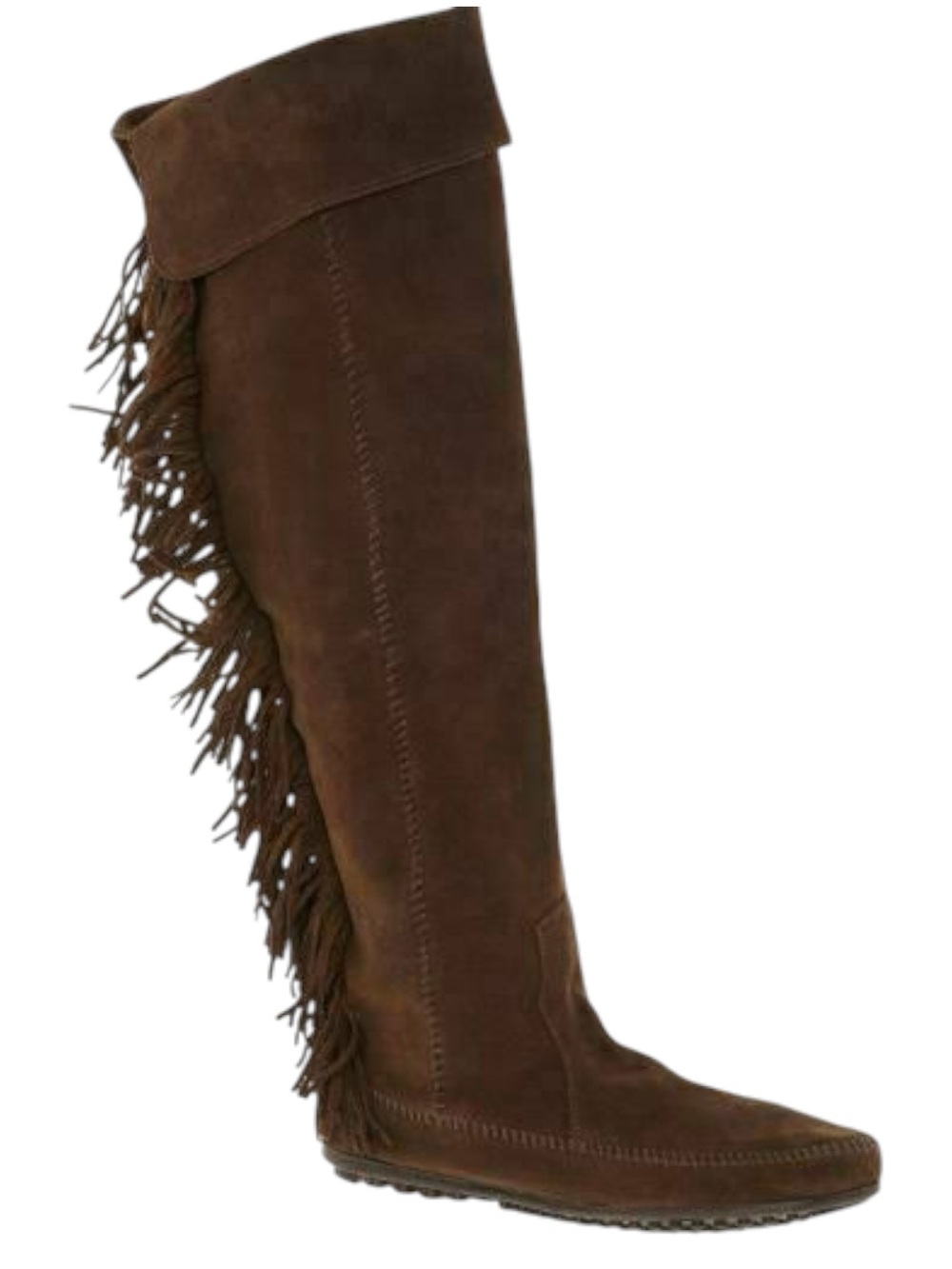 Minnetonka Bark Brown Knee High Suede Fringe Moccasins Festival Boots Sz 10